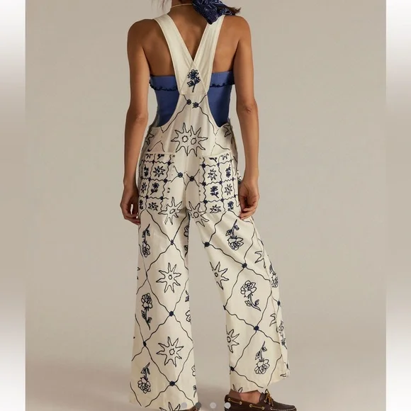 Free People We the Free Rising Sun Embroidered Overalls in Solar Ecru - Picture 2 of 10